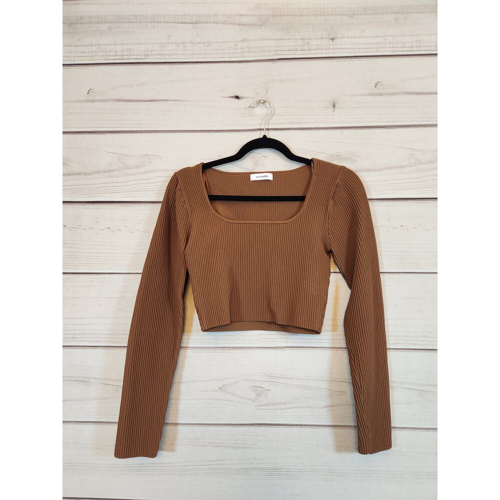 Ensembles Women's Brown Knit‎ Long Sleeve Square Neck Cropped Pullover Sweater M